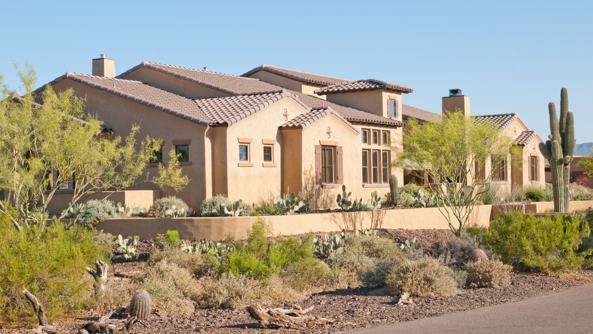Adobe-style desert home with cacti and native landscaping